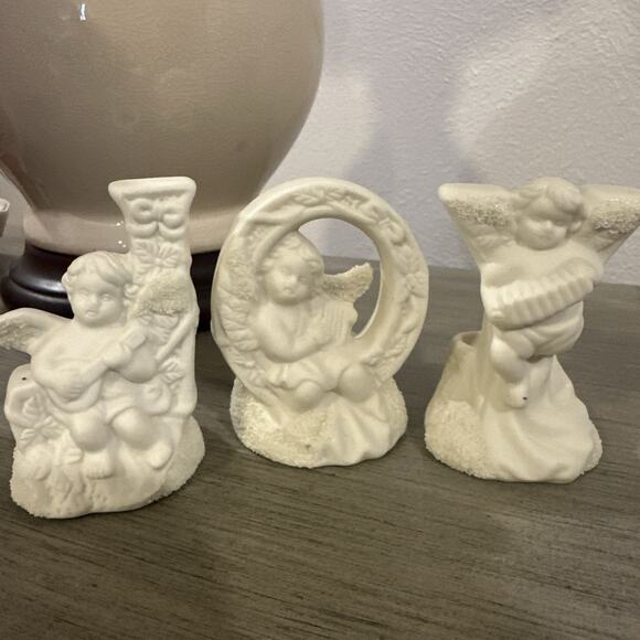 Vintage Candle Holders‎ JOY Ceramic Cherub Angel Christmas Holiday set of 3 - Picture 1 of 11
